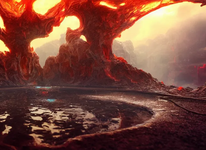 Prompt: future technology nether portal on a humongous hell biome, fantasy, hyper realism, wet reflections, intricate, digital art, detailed, studio shot, unreal engine 5, octane, high definition, smooth, artstation, behance