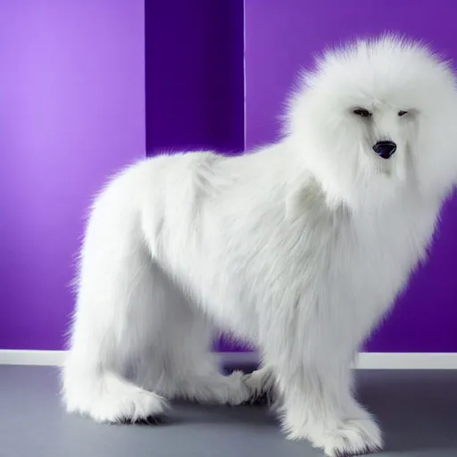 Image similar to a photo of a white fur monster standing in a purple room