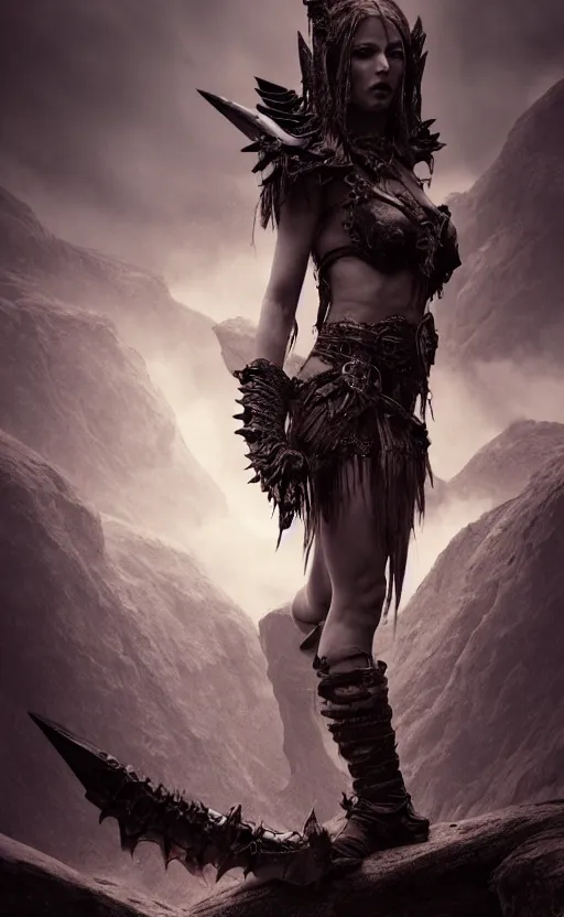 Prompt: vertical movie frame with polish warrior princess fights, standing on rock, seen from below, inspired by monster hunter and dark fantasy and fashion, beautiful body, clean brutal blooded symmetrical face, brutal bloody sluty make up, epic,dramatic lighting, cinematic, establishing shot, extremely high detail, photorealistic, brutal, provocative , cinematic lighting, artstation, octane render, dark fantasy ,old photo, vintage, black and white, Boris vallejo, sepia, old photography, documentary photography