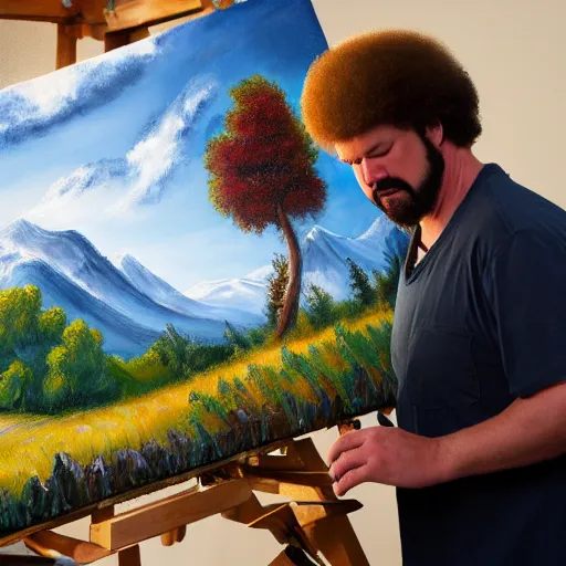 godzilla as bob ross, painting trees on a canvas on an easel - AI