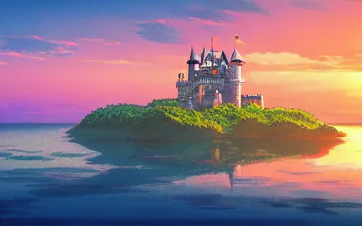 Image similar to an island with a giant castle on top of a giant turtle in the ocean, sunset, drawn by hayao miyazaki, studio ghibli film, hi res, high detail, 4k