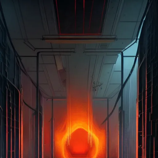 Image similar to professional ominous concept art architecture of a black room with burning embers by artgerm and greg rutkowski. an intricate, elegant, highly detailed digital painting, concept art, smooth, sharp focus, illustration, in the style of simon stalenhag, wayne barlowe, and igor kieryluk. ( low camera angle )