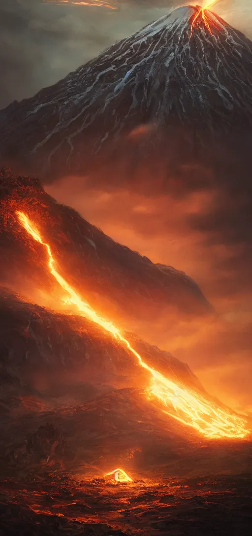 Image similar to Frodo throwing the ring of power into the fires of Mount Doom, dynamic lighting, cinematic, establishing shot, extremly high detail, foto realistic, cinematic lighting, post processed, concept art, artstation, matte painting, style by ghibli, myazaki