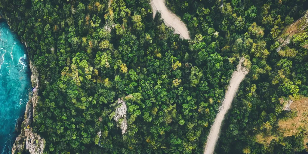 Image similar to nature landscape, aerial view, drone photography, cinematic, mountains and ocean