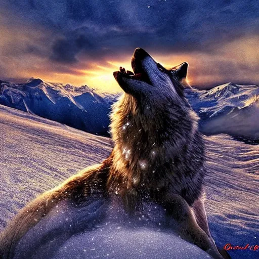 Prompt: A wolf howling on a snowy mountain, photo realistic, well detailed, with a sunset