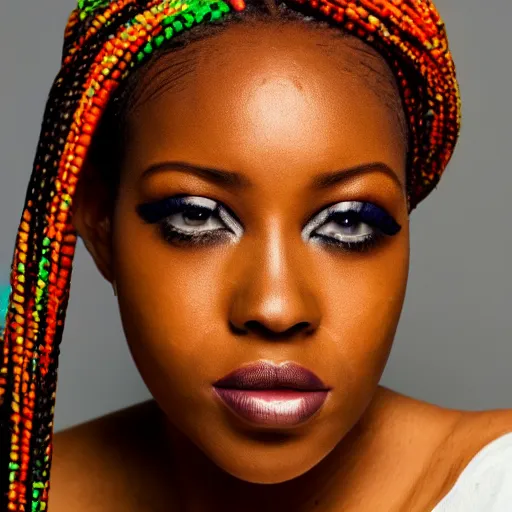 Prompt: Photo of an African woman,box braids, bold, self-confidence, cinematic, light makeup focus