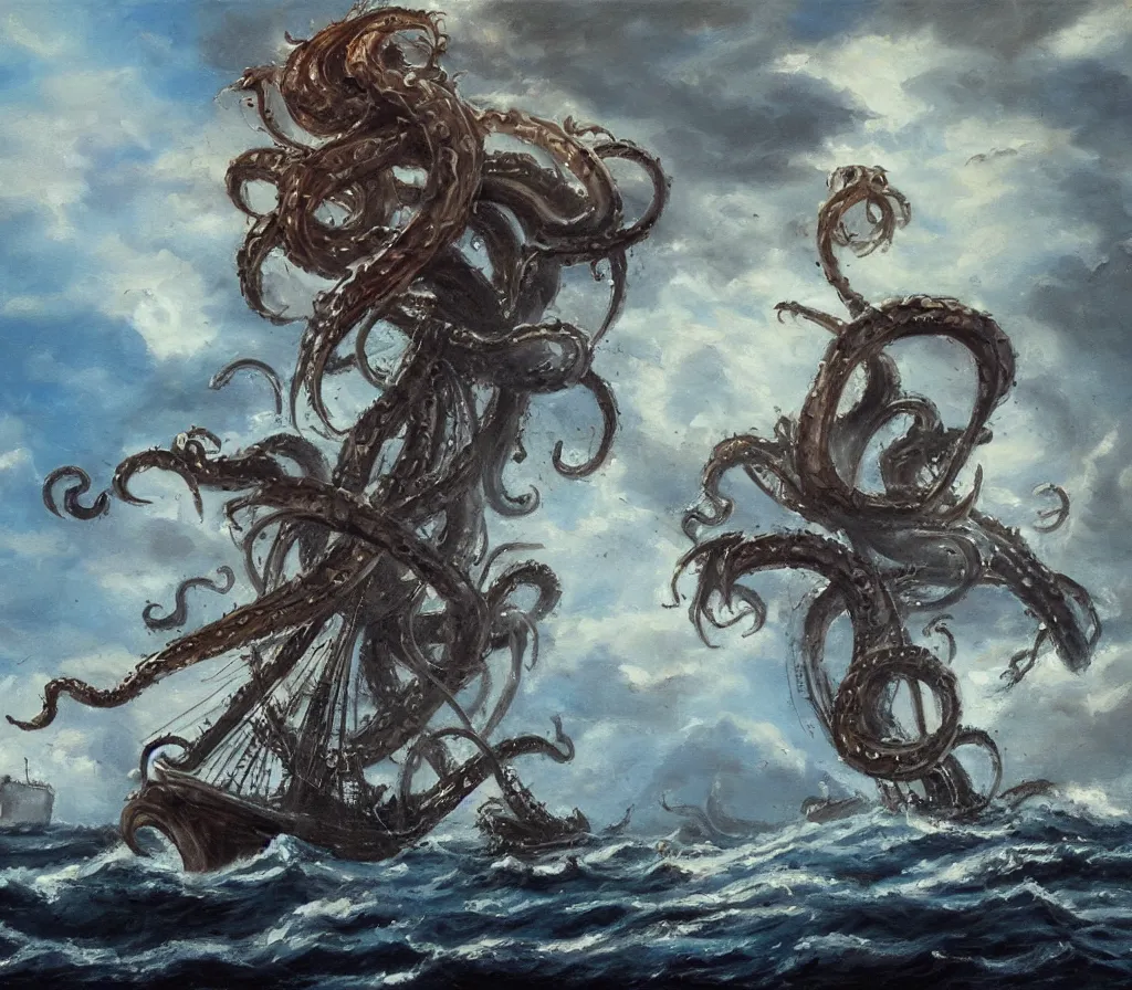 Image similar to oil painting of a kraken attacking a pirate ship