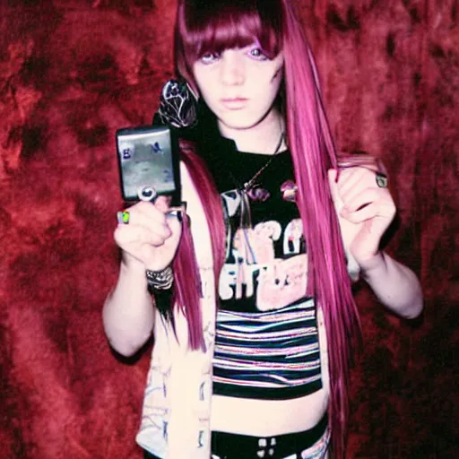 Prompt: 2 0 0 4 photograph, edgy 1 7 - year - old girl in her room, 2 0 0 4, y 2 k fashion, punk girl, mallcore girl