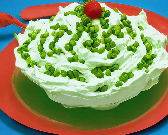 Image similar to 1970's cookbook color photograph of green ambrosia salad whipped cream sharp detail high detail