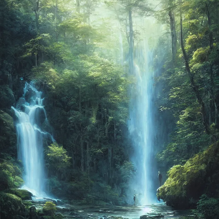 Image similar to A beautiful oil painting of a very tall waterfall on a very rocky cliff, in the middle of a huge forest of trees with bright blue glowing leaves, by Greg Rutkowski