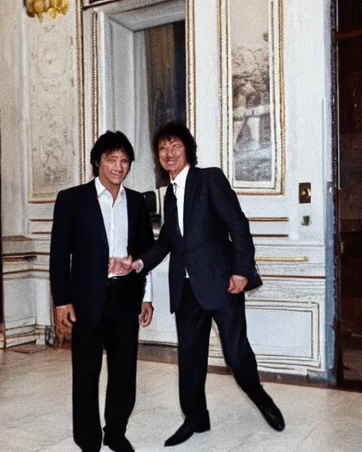 Image similar to sixty years old viktor tsoi with joyful look in a business suit shaking hands with vladimir putin, in kremlin, color photo, mid shot photo, digital photo, high resolution