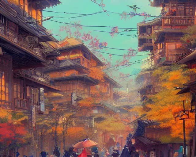 Image similar to street-level view of a beautiful, colorful kitsune city, bamboo, flowers, anime, fox people, a fantasy digital painting by Greg Rutkowski and James Gurney, trending on Artstation, highly detailed