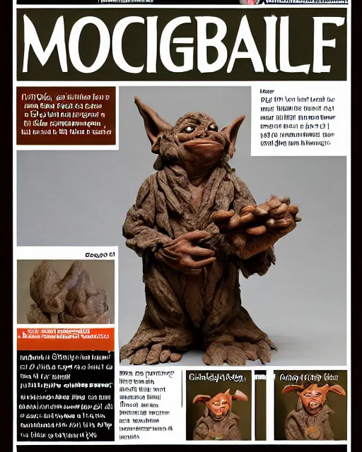 Image similar to 'magazine page with a picture of a clay sculpture of a goblin' clay sculpture, magazine, zoomed out, zoomed out, zoomed out