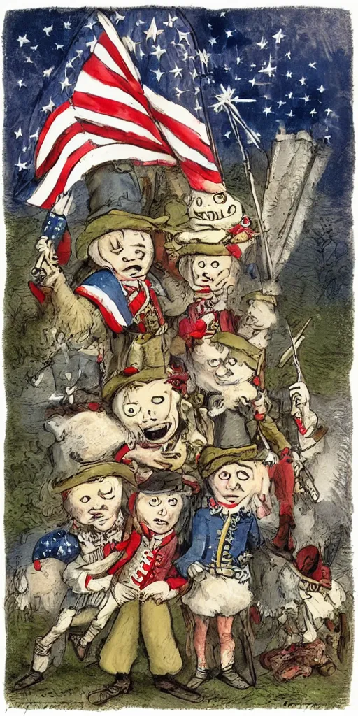 Prompt: a 1 7 7 6 4 th of july day scene with american and british soldiers by alexander jansson, joel fletcher, owen klatte, angie glocka, justin kohn, maurice sendak. 4 th of july day color palette.