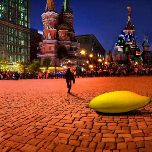 Prompt: photo of giant mango on red square, super wide shot, bokeh