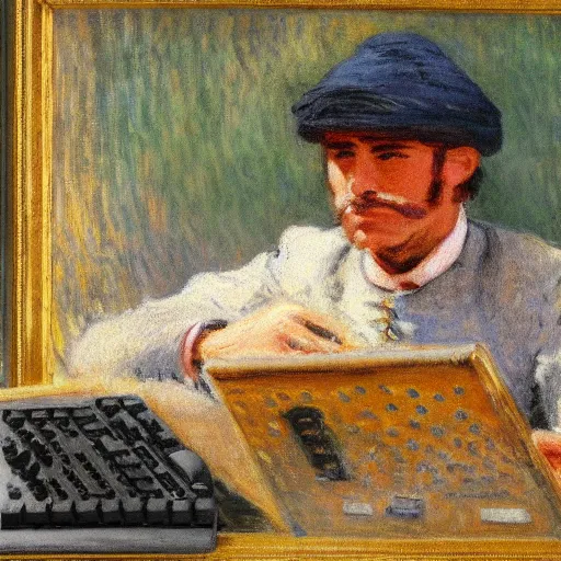 Image similar to monet painting of a man playing warzone on a computer, a soccer ball falls on his head, highly detailed, realistic,