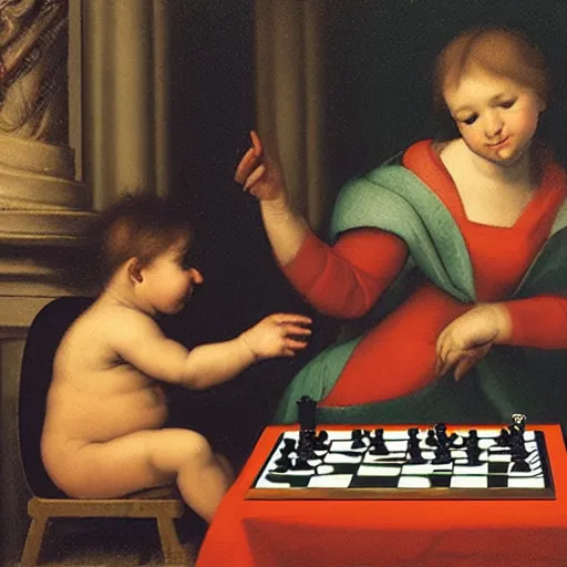 Prompt: baby playing chess by raphael