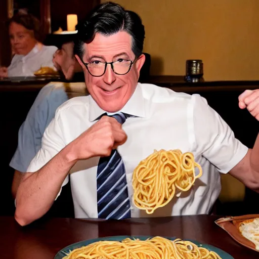 Image similar to stephen colbert punching a plate of spaghetti at olive garden