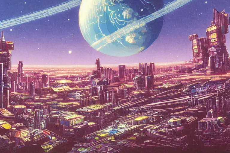 Prompt: 1 9 8 0 s science fiction anime background painting of an alien planet metropolis cityscape