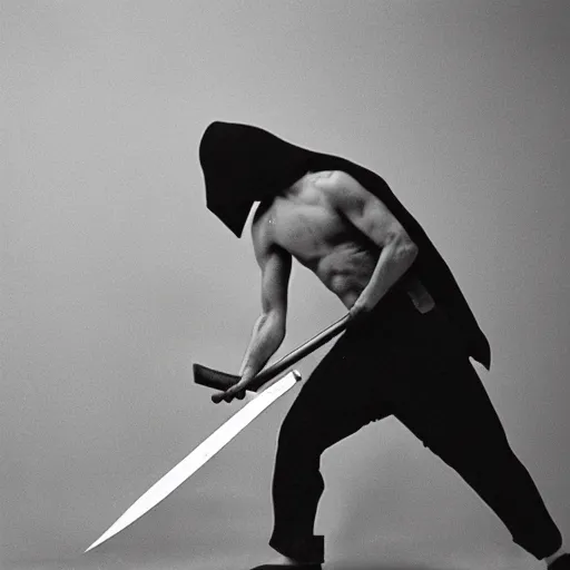 Image similar to ninja chopping fruit with a sword, black and white, cinestill, 8 0 0 t, 3 5 mm, full - hd