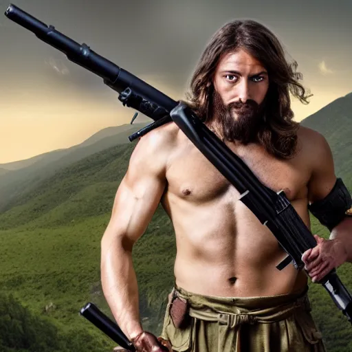 Image similar to Jesus Christ as Rambo holding a large gun with one hand, full body, photography, 4K