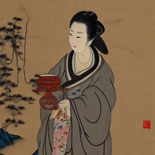 Prompt: - 1 a beautiful woman in the song dynasty holding a vase, standing, highly detailed, chinese ink painting, smooth, sharp focus uhd 8 k