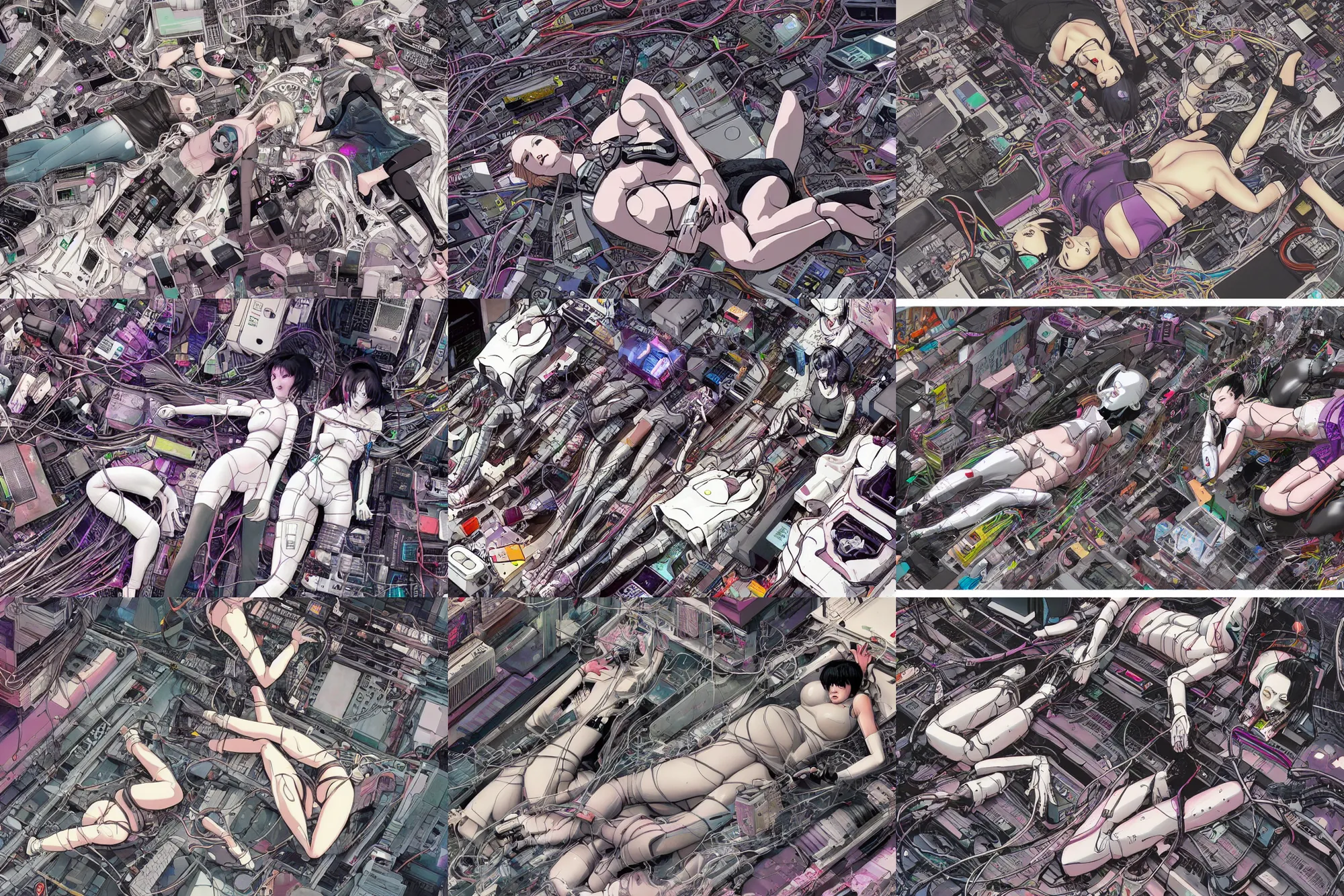 Prompt: a cyberpunk illustration of a group of white female androids' in style of ghost in the shell, lying on the floor with their body parts scattered around and cables and wires coming out, by katsuhiro otomo and masamune shirow, hyper-detailed, colorful, view from above