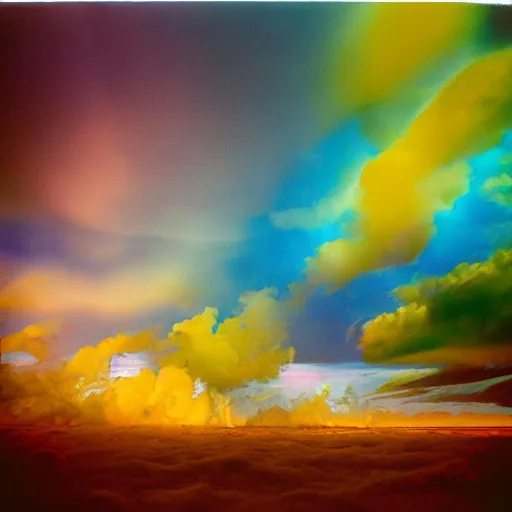 Image similar to film photography of a sprawling wooden space station amongst colourful underwater clouds by Kim Keever, low shutter speed, 35mm