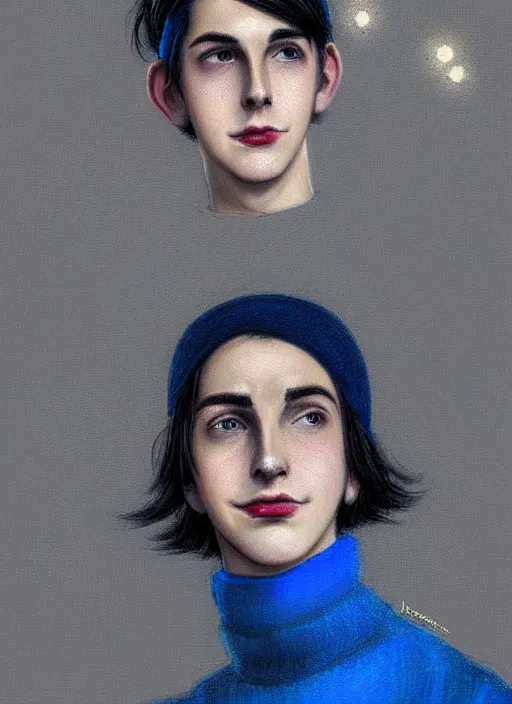 Image similar to portrait of teenage jughead jones wearing a light grey crown, crown, blue turtleneck, 1 9 5 0 s, closed eyes, photorealistic, black hair, glowing lighting, intricate, elegant, glowing lights, highly detailed, digital painting, artstation, concept art, smooth, sharp focus, illustration, art by wlop, mars ravelo and greg rutkowski