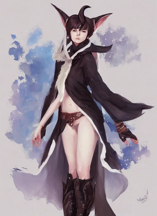 Image similar to concept art painting of a feminine person with brown skin and short white hair, demon horns, elf ears, full clothing, black clothes, blue robes, detailed, cel shaded, in the style of ruan jia and artgerm and makoto shinkai and james gurney