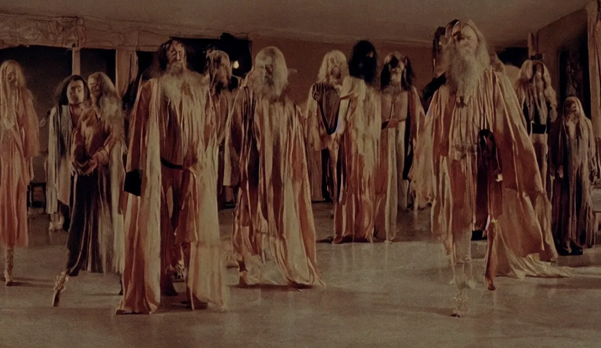 Image similar to a still of severance series indoor 7 0 s scenario appearing in a film of jodorowsky, in movie holy mountain ( 1 9 7 3 )