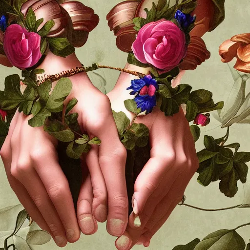 Prompt: photorealistic beautiful cyborg hands holding one elaborate maximalist flower. in the style of Michelangelo and flemish baroque. HD 8x matte background