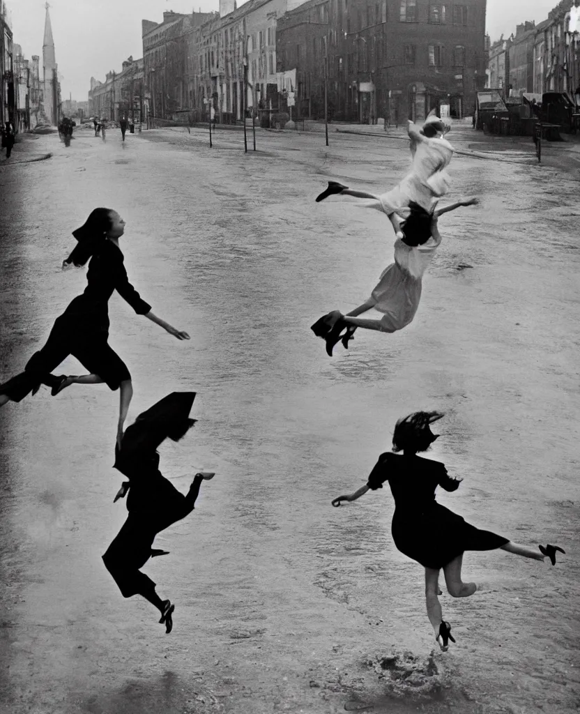 Image similar to A woman wearing a dress, long legs, leaping over a large puddle in the street, the decisive moment, photographed by Henri Cartier-Bresson on a Leica camera