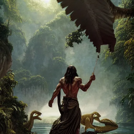 Image similar to a detailed matte painting of a ridiculously good looking jesus who is exploring the prehistoric jungle with his pet velociraptor, elegant ancient greek dress, jungle as the background, very detailed, beautiful, intricate, art by greg rutkowski and robert e howard, octane render