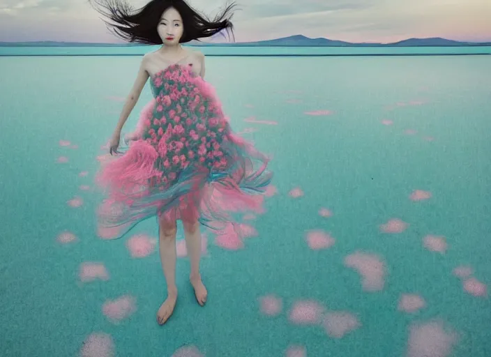 Image similar to lee jin - eun in luxurious flowery dress emerging from pink and turquoise water in salar de uyuni with the ground reflecting the aurora borealis by takato yamamoto, james jean, conrad roset, ruan jia, martine johanna, rule of thirds, elegant look, beautiful, chic, face anatomy, cute complexion