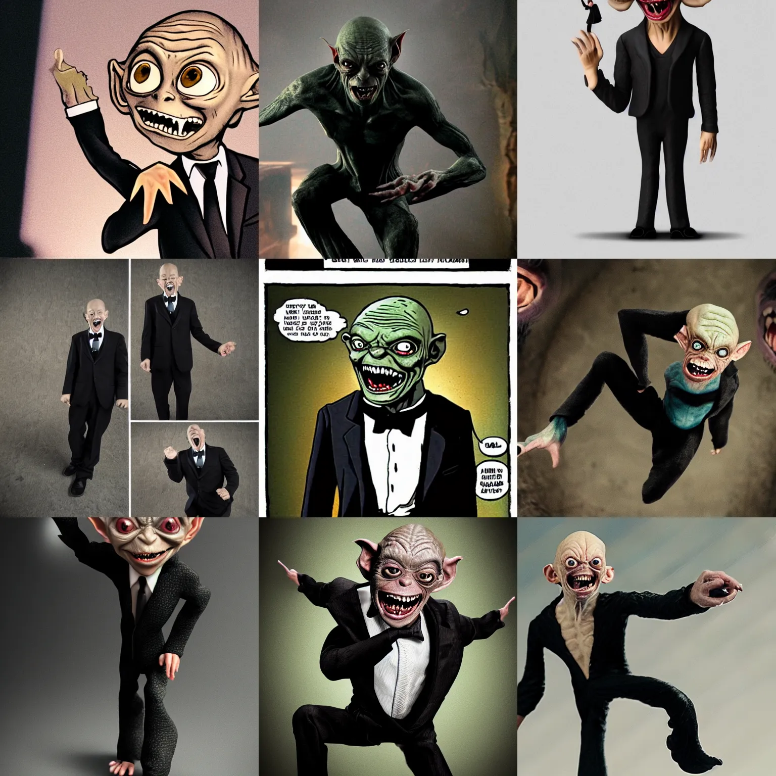 Prompt: Gollum with maniacal laughter in black suit