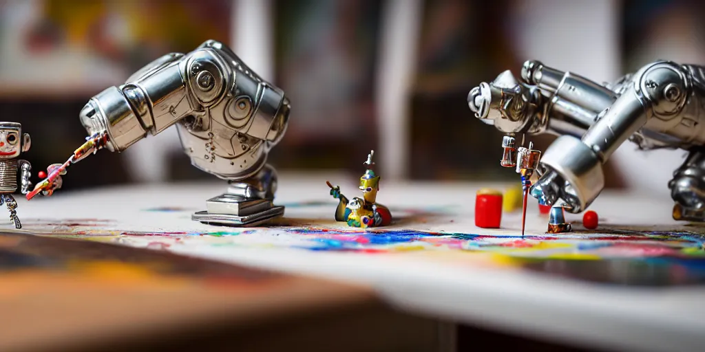 Image similar to closeup portrait of tin toy retro robot painter mixing gouache on white paper table in an artist workshop, depth of field, zeiss lens, detailed, centered, fashion photoshoot, by nicoletta ceccoli, mark ryden, lostfish, breathtaking, 8 k resolution, extremely detailed, beautiful, establishing shot, artistic, hyperrealistic, octane render