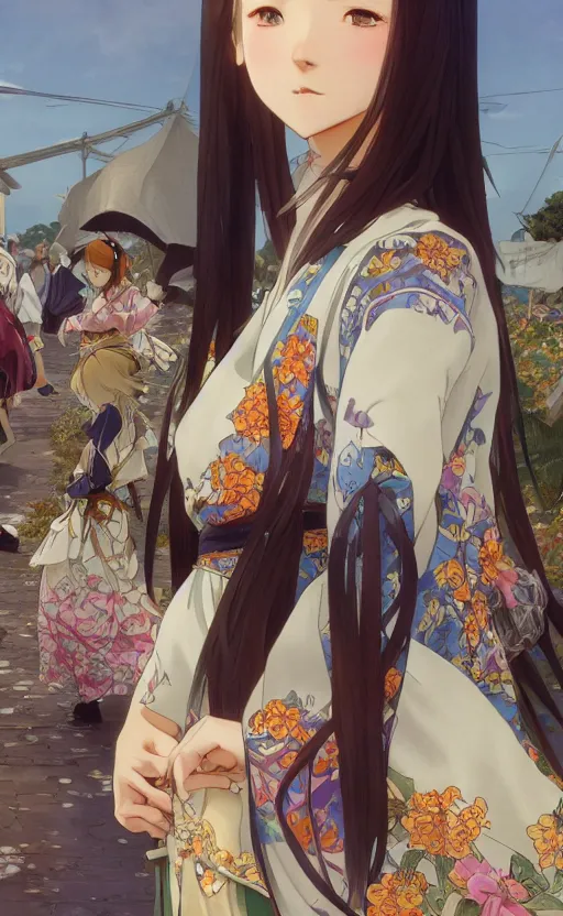 Prompt: side portrait of a girl walking, summer festival in background, yukata clothing, battlefield in background, anime style, hair down, symmetrical facial features, real faces, from arknights, hyper realistic, 4 k, extreme detail, trending artstation, realistic lighting, by alphonse mucha, greg rutkowski, sharp focus, backlit