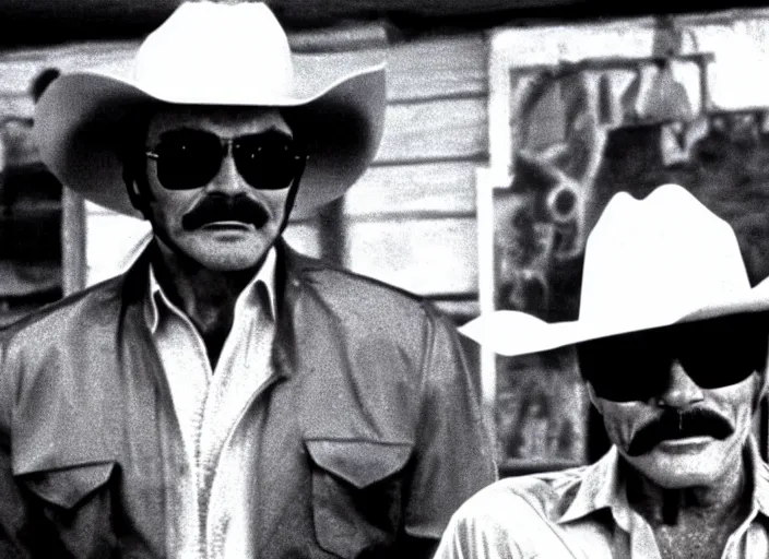 Prompt: film still of burt reynolds wearing a cowboy hat and sunglasses holding a bucket of fried chicken in cannonball run 1 9 8 2