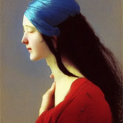 Prompt: a young woman’s face, her hair is white, her face is partially covered with a flowing blue satin blindfold, she is wrapped in windblown flowing red silk, by ivan aivazovsky and alma tadema and and willen claesz heda and aelbert cuyp and gerard ter borch