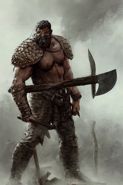 Image similar to a giant warrior in hide leather armor holding an axe, leaning against an ax, hatchet!!! concept art in style of Greg Rutkowski, painted by Frank Frazetta, John Singer Sargant