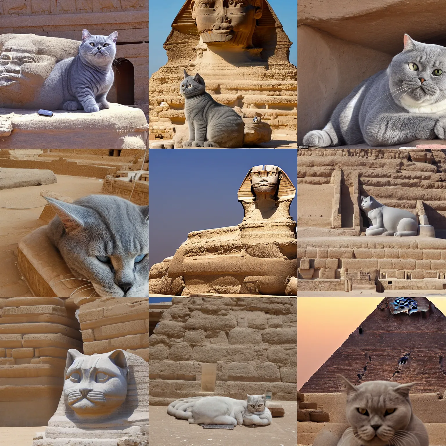 Prompt: A British blue shorthair cat curled up on the head of the Sphinx in Egypt