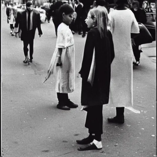 Prompt: photograph of angels in human clothes on new york streets in the 60's