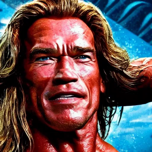 Prompt: Arnold Schwarzenegger as Aquaman. Movie still frame. 4K UHD.