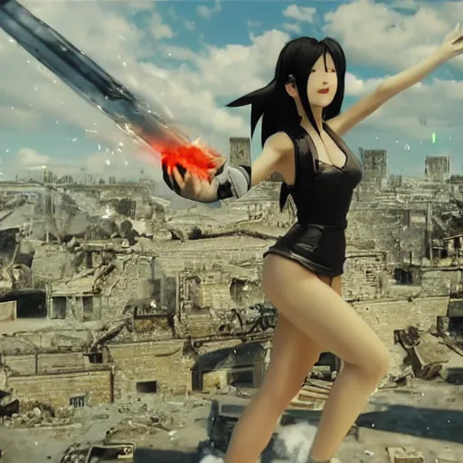 Prompt: a giant giga sized tifa from final fantasy 7 remake having fun destroying a city while smiling, digital art, octane render, award winning, very detailed, full body portrait, 3d render, detailed facial expressions, destroyed city, 4k destruction, fire, video game art, no text, ray tracing, slow motion glitter sparkles in the air, powerful, chakra attack, good composition