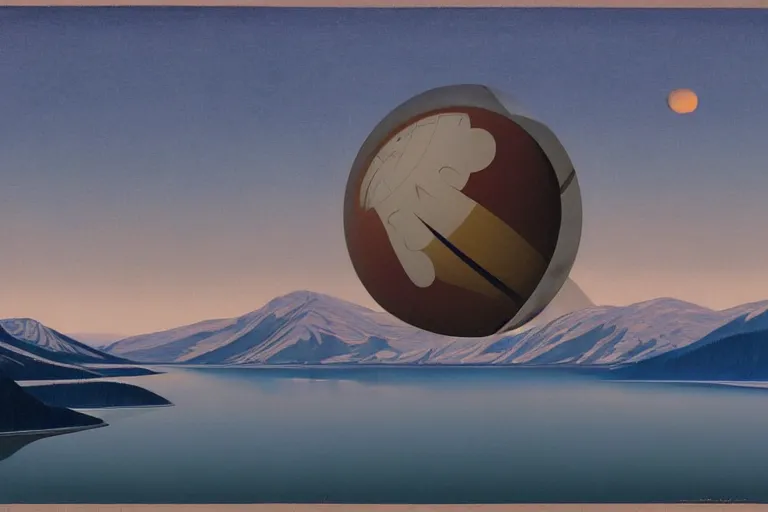 Prompt: a giant floating sphere covered in canadian aboriginal patterns hovering above a Yukon lake, painted by Ralph McQuarrie, matte painting