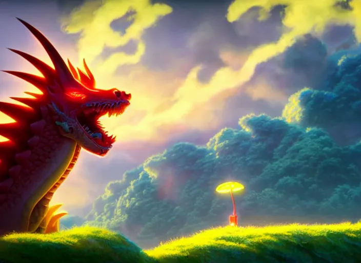 Image similar to a wholesome animation key shot of a neon dragon, close up, studio ghibli, pixar and disney animation, sharp, rendered in unreal engine 5, clear sky, anime key art by greg rutkowski, bloom, dramatic lighting