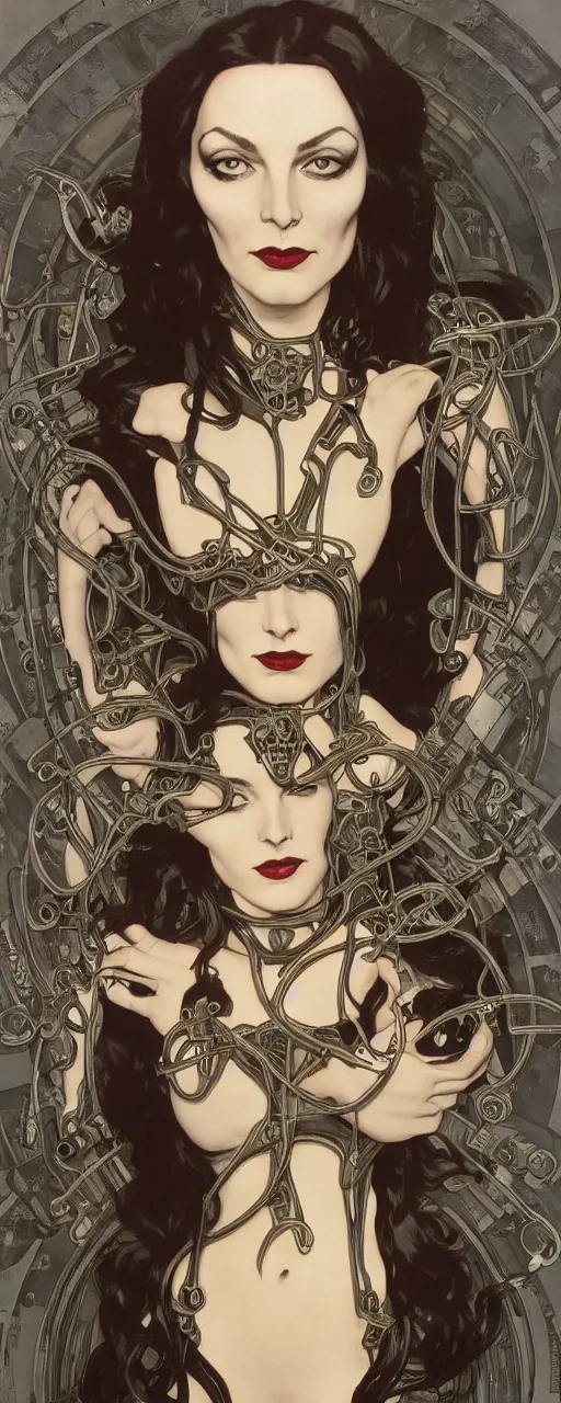 Image similar to a beautiful and captivating art nouveau industrial style portrait of morticia adams as a heavy metal rebel soldier by chris achilleos, travis charest and alphonse mucha, mixed media painting, photorealism, extremely hyperdetailed, perfect symmetrical facial features, perfect anatomy, ornate declotage, circuitry, technical detail, confident expression