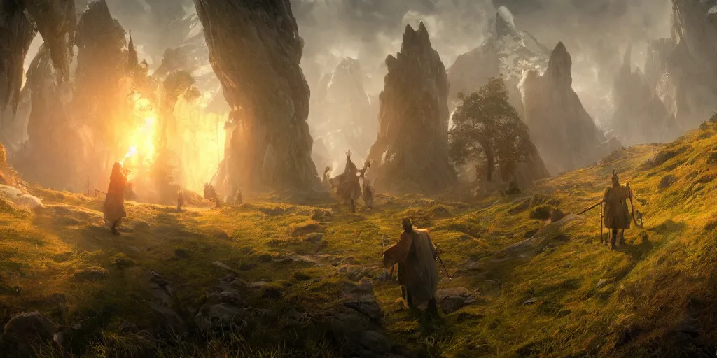 Image similar to VR gameplay screenshot of someone within J.R.R. Tolkien's Middle-Earth. Beautiful. Trending on Artstation. Lighting, colors, and shading by James Gurney.