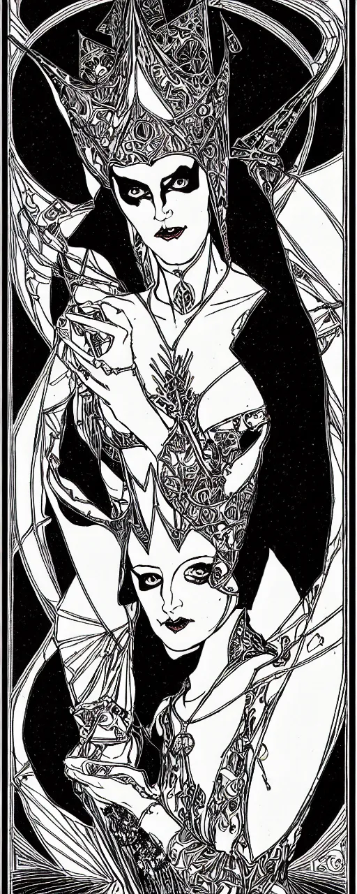 Image similar to the goblin queen by ambrose beardsley, high detail and fine lines, 8 k resolution